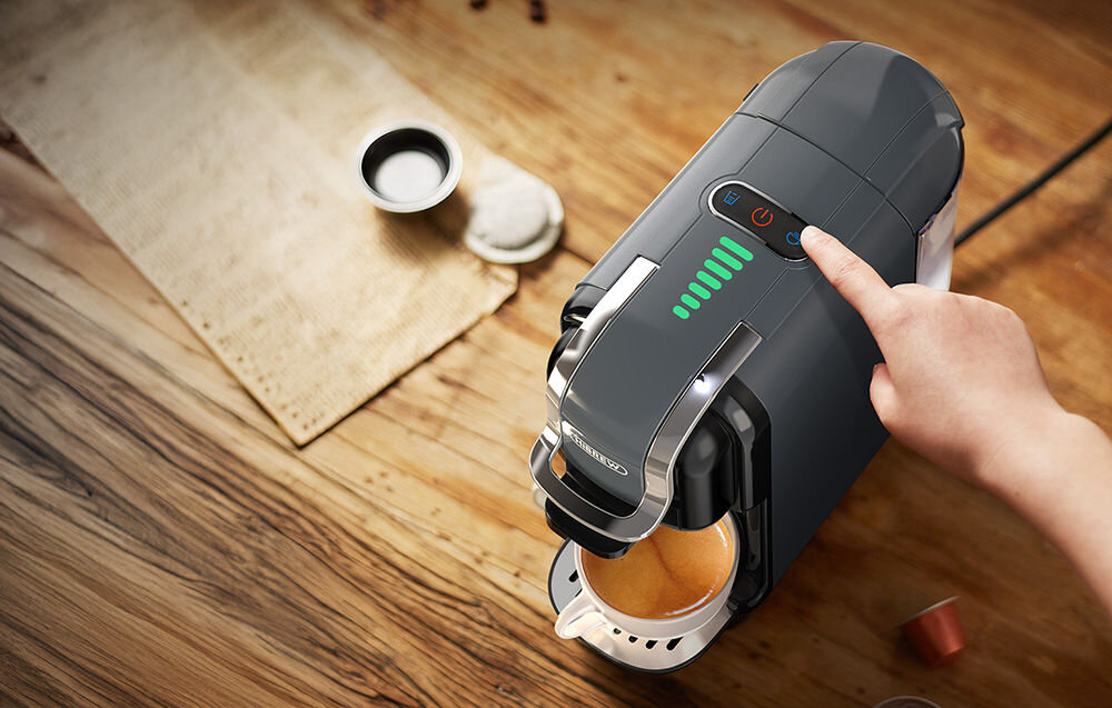 Ekspres kapsułkowy HiBREW H2B Szary Poranek pełen aromatu kapsułki Nespresso, Dolce Gusto Kcup saszetki E.S.E. i kawę mieloną Wykorzystanie dołączonych adapterów