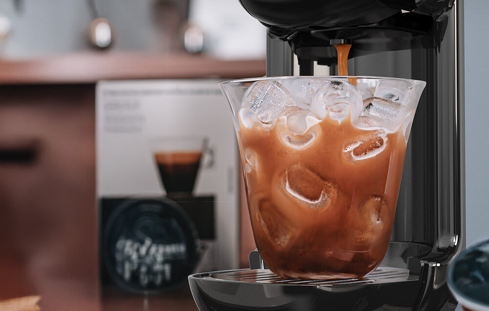 Ekspres kapsułkowy HiBREW H2B Szary Funkcja kawy mrożonej funkcję przygotowania napoju na zimno trybu iced coffee przycisk zasilania czas