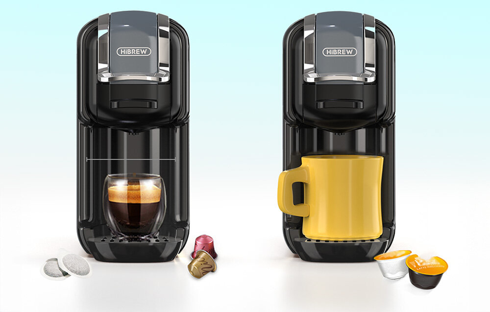 Ekspres kapsułkowy HiBREW H2B Szary  Wyjmowana tacka ociekowa Uchwyt ze stali nierdzewnej zbiornik na wodę z materiałów wolnych od BPA Szara obudowa wraz z estetycznymi detalami 