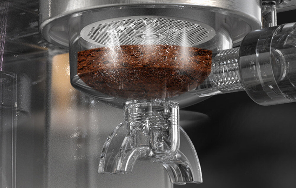 Ekspres HiBREW H10A Czarny Pełna kontrola parzenia wykorzystanie ciśnienia 19 barów regulacja temperatury w zakresie 90 – 95°C stalowa obudowa  z portafiltrem 58 mm wbudowany manometr kontrola regulację objętości kawy system grzewczy Thermoblock przejrzysty panel sterowania