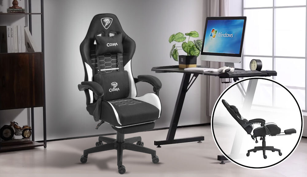 Fotel COBRA Player 5.0 CRF52 czarno-biały + podnóżek