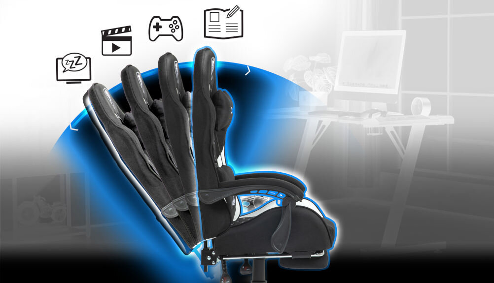 Fotel COBRA Player 5.0 CRF52 czarno-biały + podnóżek podłokietniki poruszające się jednocześnie z oparciem kąt odchylenia oparcia od 90° do 135° Możliwość łatwego rozłożenia podnóżka i odchylenia oparcia