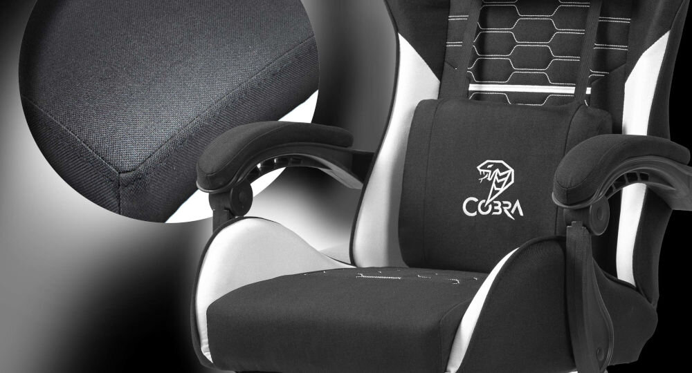 Fotel COBRA Player 5.0 CRF52 czarno-biały + podnóżek pianka o dużej gęstości oddychające materiały solidna metalowa rama pięcioramienna podstawa regulacja wysokoci siedziska od 46 do 56 cm oraz pochylenia oparcia od 90° do 135°