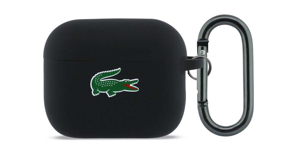 Etui na słuchawki LACOSTE Silicone Croc Logo do Apple AirPods Pro 3 Czarny, praktyczne, karabińczyk, przypięcie, subtelne, na białym tle frontem na wprost