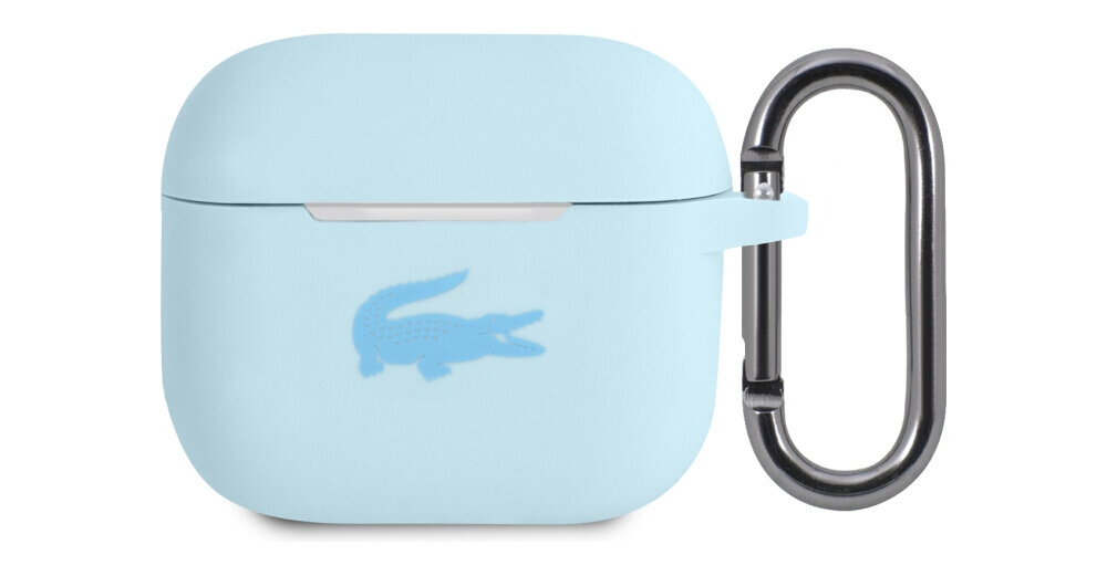 Etui na słuchawki LACOSTE Silicone do Apple AirPods 3 Niebieski, ochrona, bezpieczeństwo, odporność, styl, na białym tle etui frontem prawo skos w 2 odsłonach