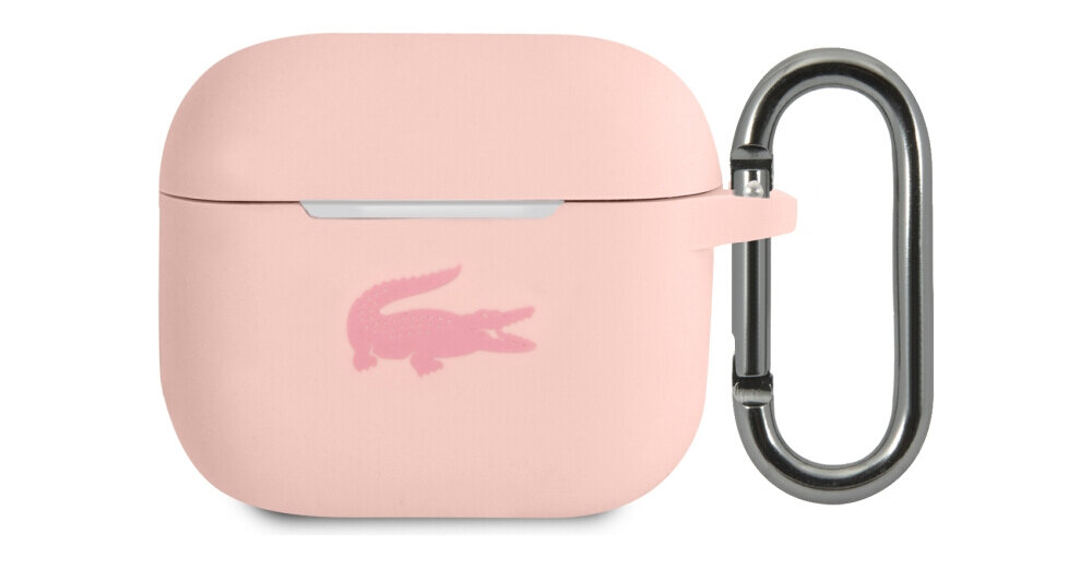 Etui na słuchawki LACOSTE Silicone do Apple AirPods 3 Różowy, ochrona, bezpieczeństwo, odporność, styl, na białym tle etui frontem prawo skos w 2 odsłonach