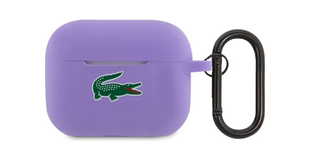 Etui na słuchawki LACOSTE Silicone Croc Logo do Apple AirPods Pro 2 Fioletowy, wytrzymałe, ochrona, odporność, solidne, na białym tle etui frontem prawo skos w 2 odsłonach