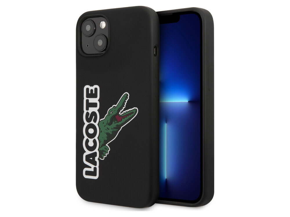 Etui LACOSTE Silicone Head Crocodile do Apple iPhone 13 Mini Czarny, ochronne, odporne, eleganckie, trwałe, na białym tle etui frontem prawo skos w 2 odsłonach