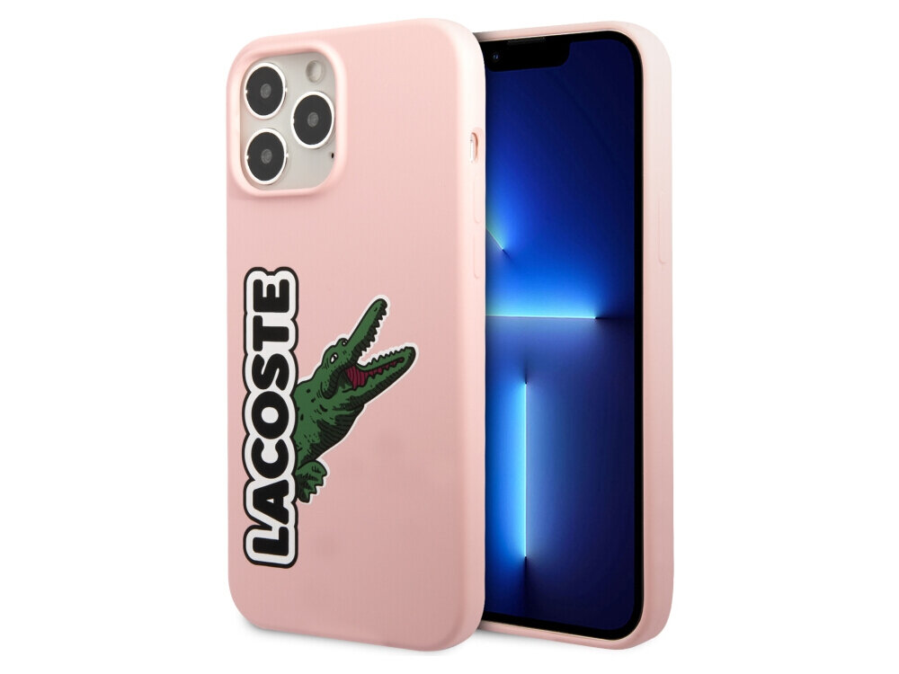 Etui LACOSTE Silicone Head Crocodile do Apple iPhone 13 Pro Max Różowy, ochronne, odporne, eleganckie, trwałe, na białym tle etui frontem prawo skos w 2 odsłonach