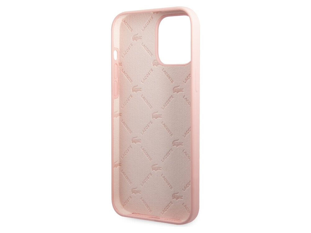 Etui LACOSTE Silicone Head Crocodile do Apple iPhone 13 Pro Max Różowy, design, ochrona, estetyka, wygląd, na białym tle etui frontem prawo skos