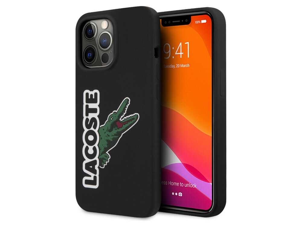 Etui LACOSTE Silicone Head Crocodile do Apple iPhone 13 Pro Czarny, ochronne, odporne, eleganckie, trwałe, na białym tle etui frontem prawo skos w 2 odsłonach