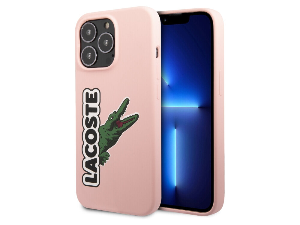 Etui LACOSTE Silicone Head Crocodile do Apple iPhone 13 Pro Różowy, ochronne, odporne, eleganckie, trwałe, na białym tle etui frontem prawo skos w 2 odsłonach