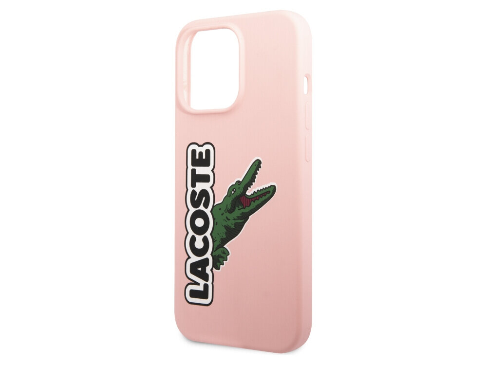 Etui LACOSTE Silicone Head Crocodile do Apple iPhone 13 Pro Różowy, design, ochrona, estetyka, wygląd, na białym tle etui frontem prawo skos