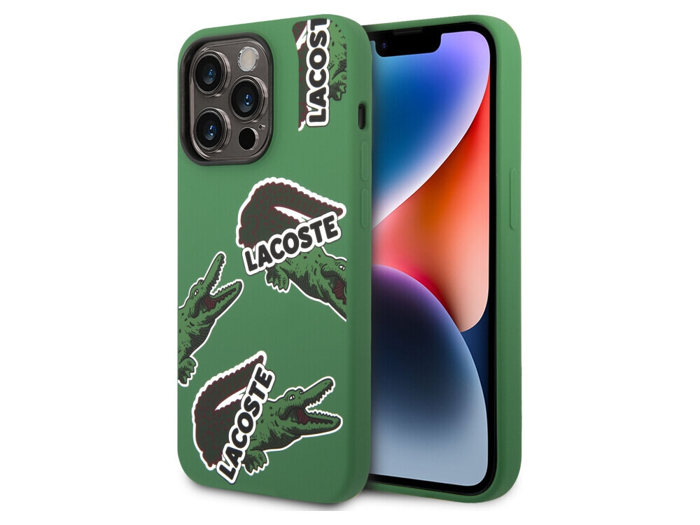 Etui LACOSTE Silicone Allover Pattern do Apple iPhone 14 Pro Zielony, ochrona, styl, odporność, bezpieczne, na białym tle etui frontem prawo skos w 2 odsłonach