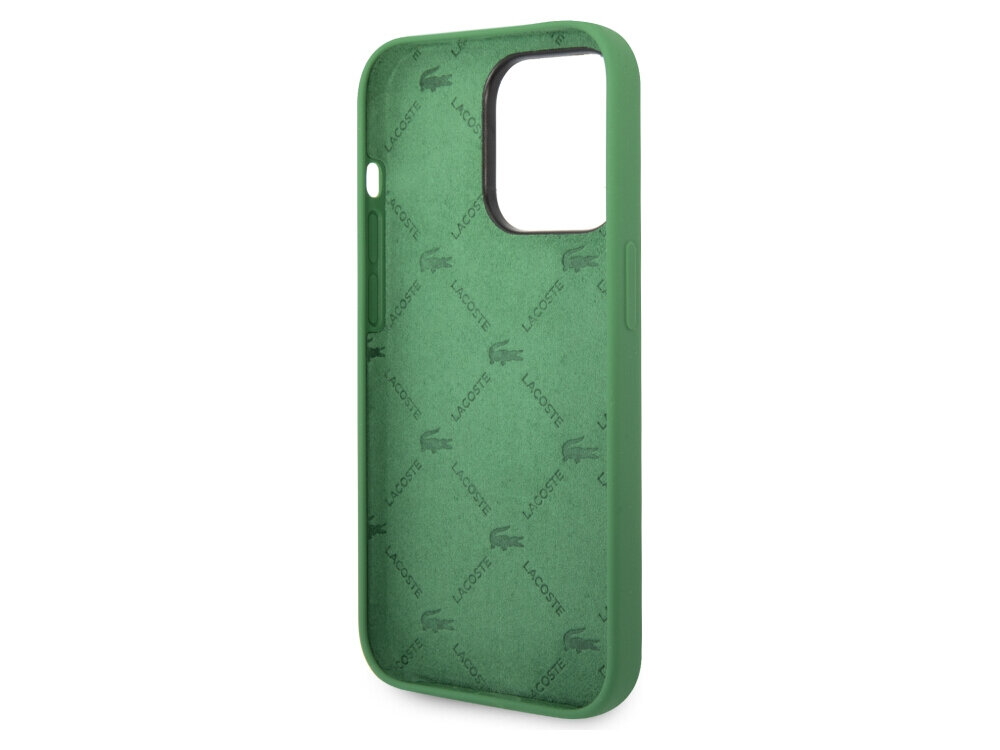 Etui LACOSTE Silicone Allover Pattern do Apple iPhone 14 Pro Zielony, subtelne, autentyczność, estetyka, dopasowanie, na białym tle etui frontem prawo skos