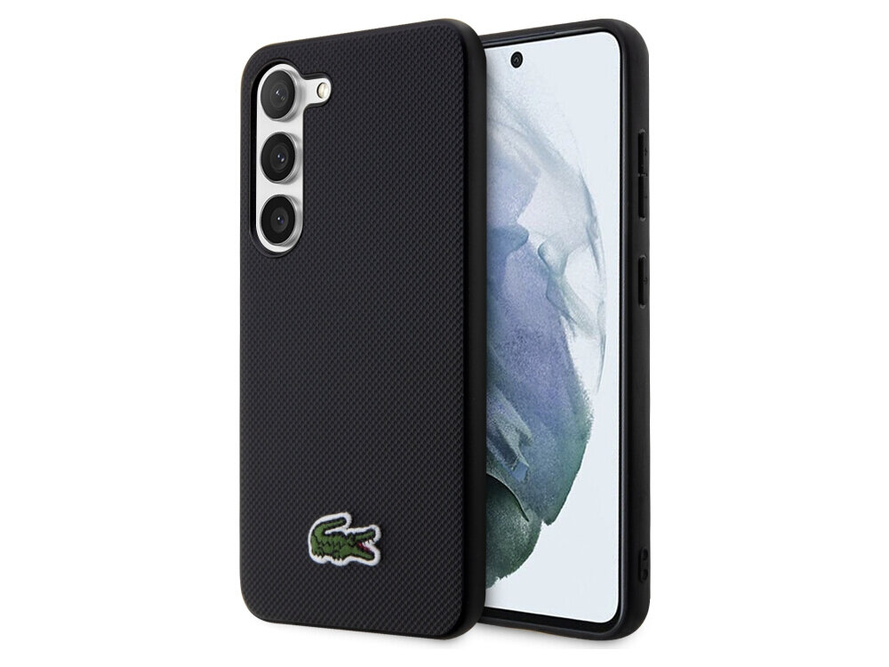 Etui LACOSTE Iconic Petit Pique do Samsung Galaxy S23+ Czarny, ochrona, styl, odporność, etui, na białym tle etui frontem prawo skos w 2 odsłonach