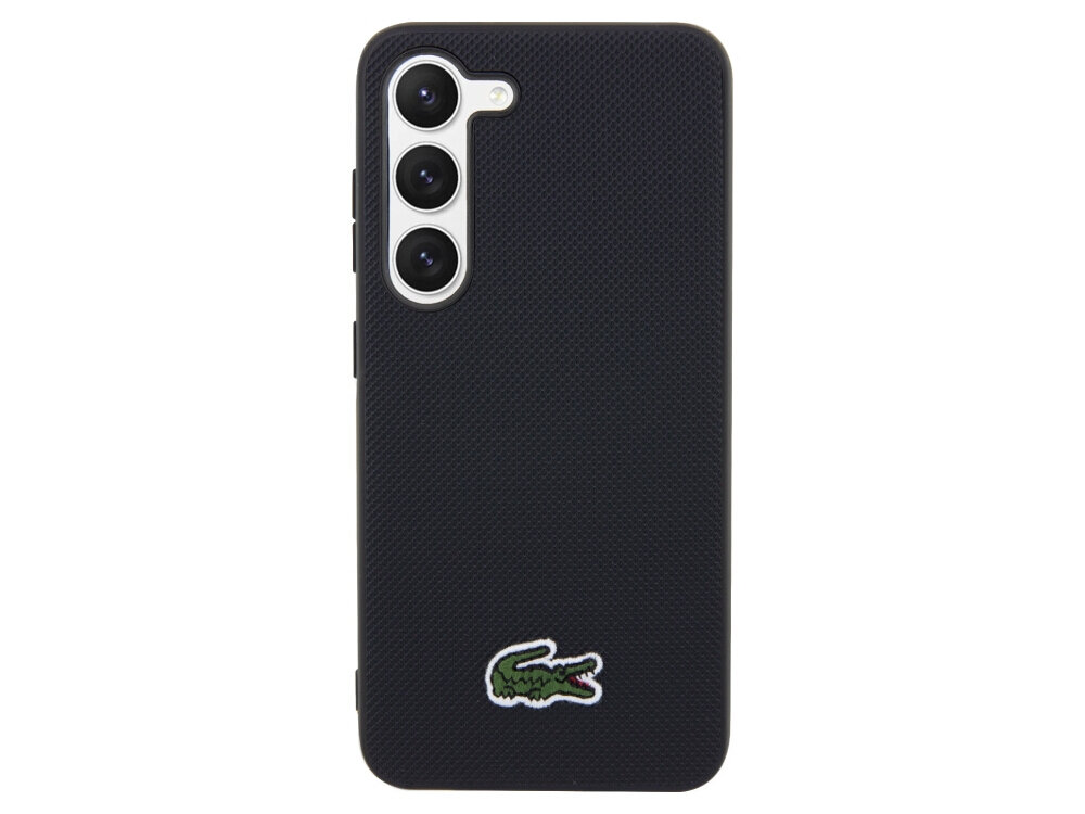 Etui LACOSTE Iconic Petit Pique do Samsung Galaxy S23+ Czarny, polikarbon, poliuretan, uderzenia, zarysowania, na białym tle frontem na wprost