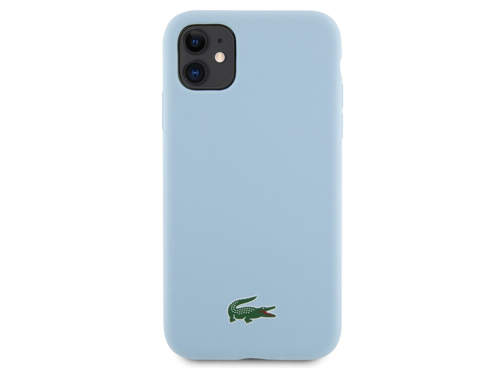 Etui LACOSTE Silicone Croc Logo MagSafe do Apple iPhone 11 Jasnoniebieski, komfort, jakość, silikon, mikrofibra, na białym tle frontem na wprost