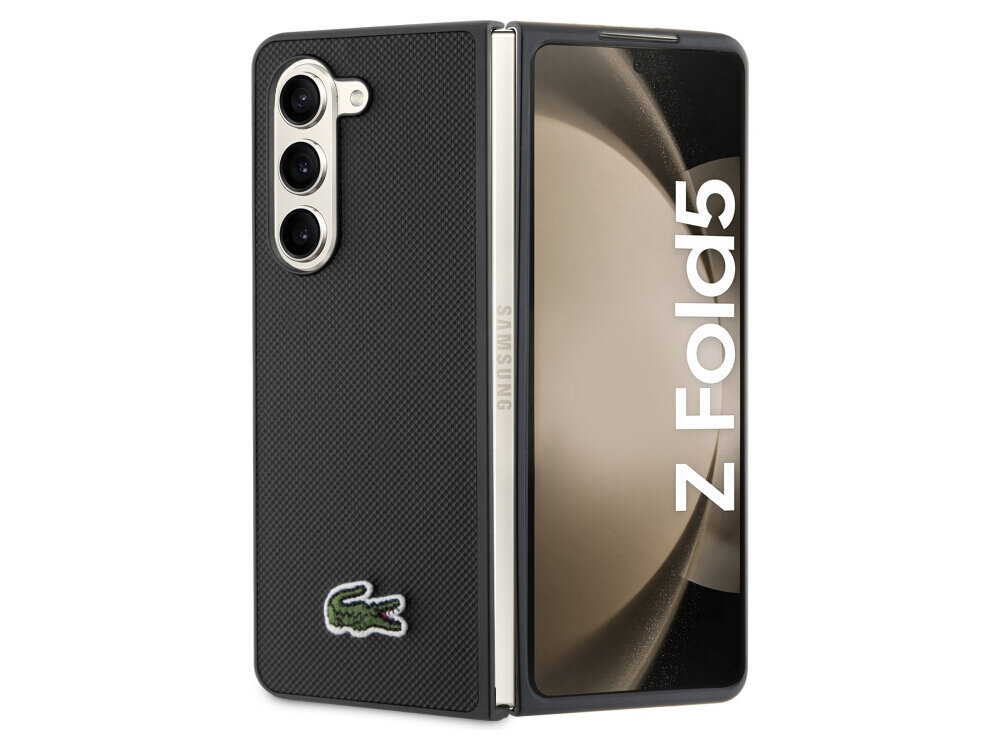 Etui LACOSTE Iconic Petit Pique do Samsung Galaxy Z Fold 5 Czarny, ochrona, styl, odporność, etui, na białym tle etui frontem prawo skos w 2 odsłonach