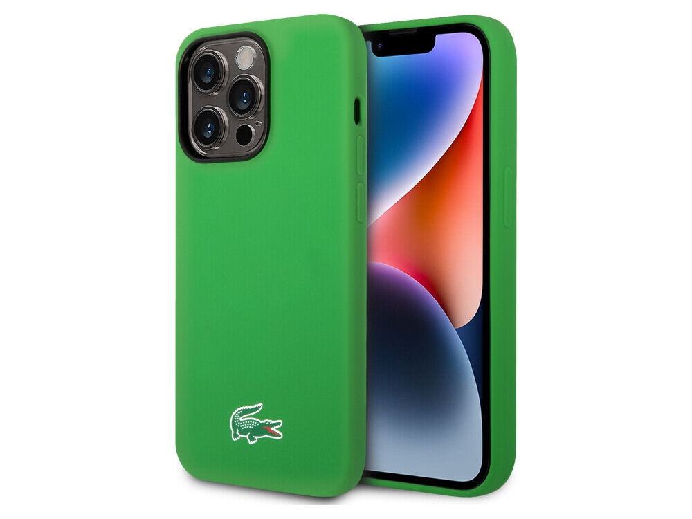 Etui LACOSTE Silicone MagSafe do Apple iPhone 14 Pro Zielony, sprzęt, ochrona, etui, odporność, na białym tle etui frontem prawo skos w 2 odsłonach