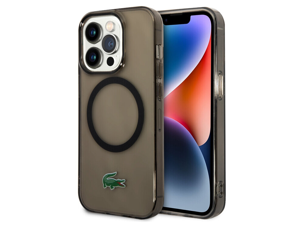 Etui LACOSTE Transparent MagSafe do Apple iPhone 14 Pro Czarny, ochrona, wygoda, smartfon, etui, na białym tle etui frontem prawo skos w 2 odsłonach