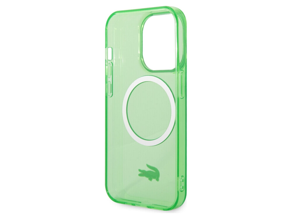 Etui LACOSTE Transparent MagSafe do Apple iPhone 14 Pro Zielony, zdejmowanie, elegancja, funkcjonalność, stabilne, na białym tle etui frontem prawo skos