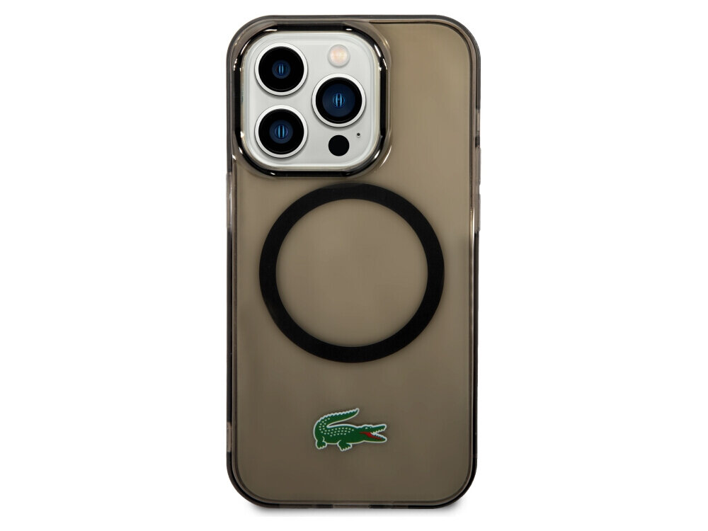 Etui LACOSTE Transparent MagSafe do Apple iPhone 14 Pro Max Czarny, poliwęglan, elastyczne, TPU, IMD, na białym tle frontem na wprost
