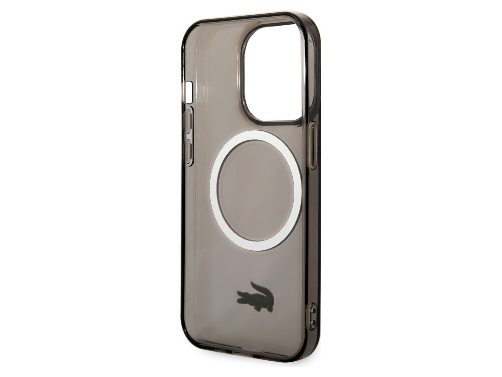 Etui LACOSTE Transparent MagSafe do Apple iPhone 14 Pro Max Czarny, stabilne, ładowanie, szybkie, funkcjonalność, na białym tle etui frontem prawo skos