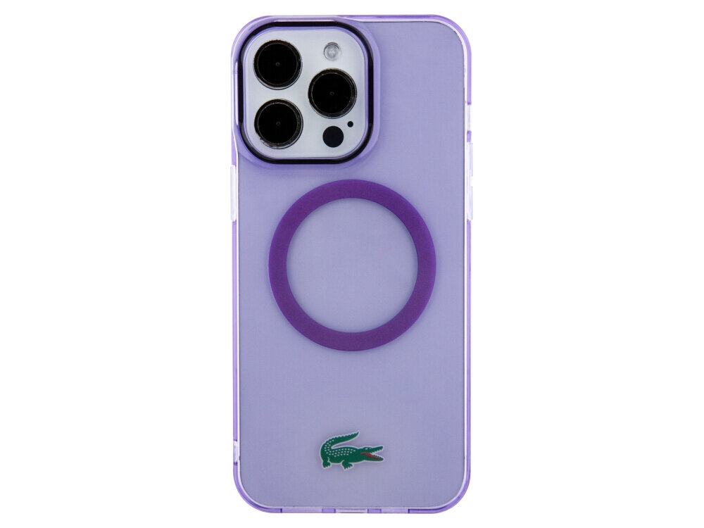 Etui LACOSTE Transparent MagSafe do Apple iPhone 15 Pro Max Purpurowy, poliwęglan, elastyczne, TPU, IMD, na białym tle frontem na wprost