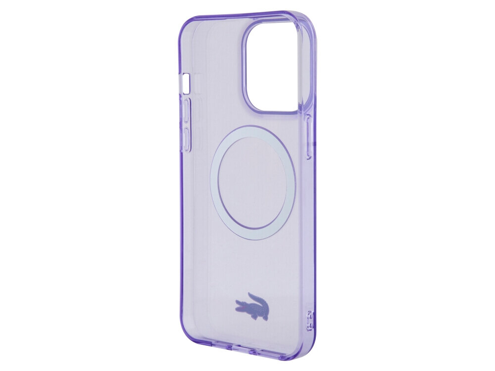 Etui LACOSTE Transparent MagSafe do Apple iPhone 15 Pro Max Purpurowy, stabilne, ładowanie, szybkie, funkcjonalność, na białym tle etui frontem prawo skos