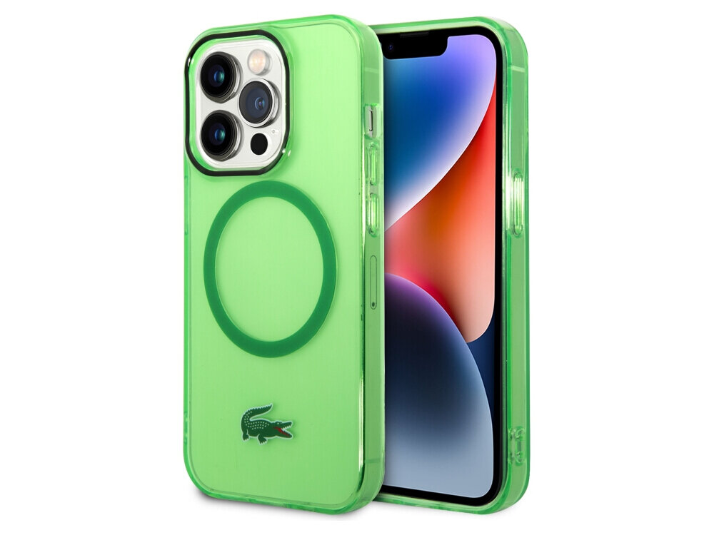Etui LACOSTE Transparent MagSafe do Apple iPhone 15 Pro Max Zielony, ochrona, smartfon, bezpieczne, trwałość, na białym tle etui frontem prawo skos w 2 odsłonach