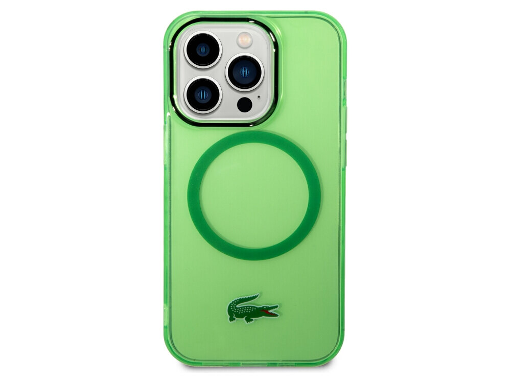 Etui LACOSTE Transparent MagSafe do Apple iPhone 15 Pro Max Zielony, poliwęglan, elastyczne, TPU, IMD, na białym tle frontem na wprost