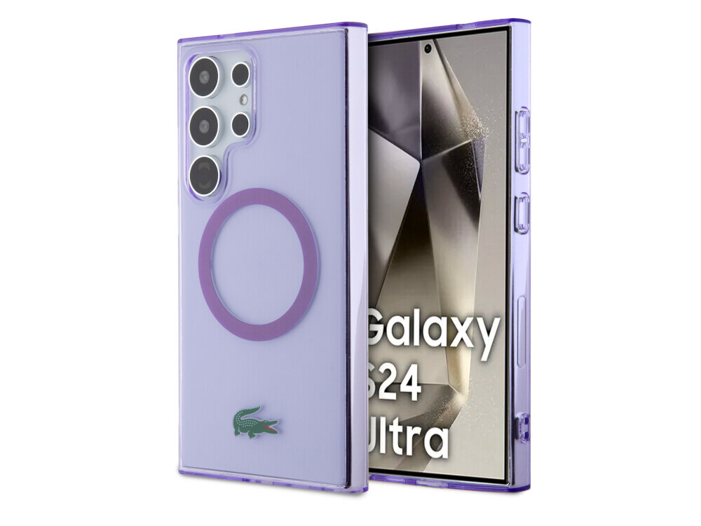 Etui LACOSTE Transparent MagSafe do Samsug Galaxy S24 Ultra Purpurowy, ochrona, smartfon, bezpieczne, odporne, na białym tle etui frontem prawo skos w 2 odsłonach