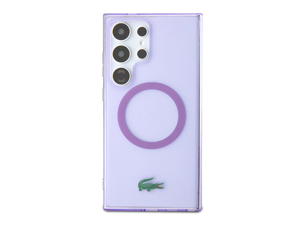 Etui LACOSTE Transparent MagSafe do Samsug Galaxy S24 Ultra Purpurowy, przeźroczyste, zarysowania, upadki, IMD, na białym tle frontem na wprost