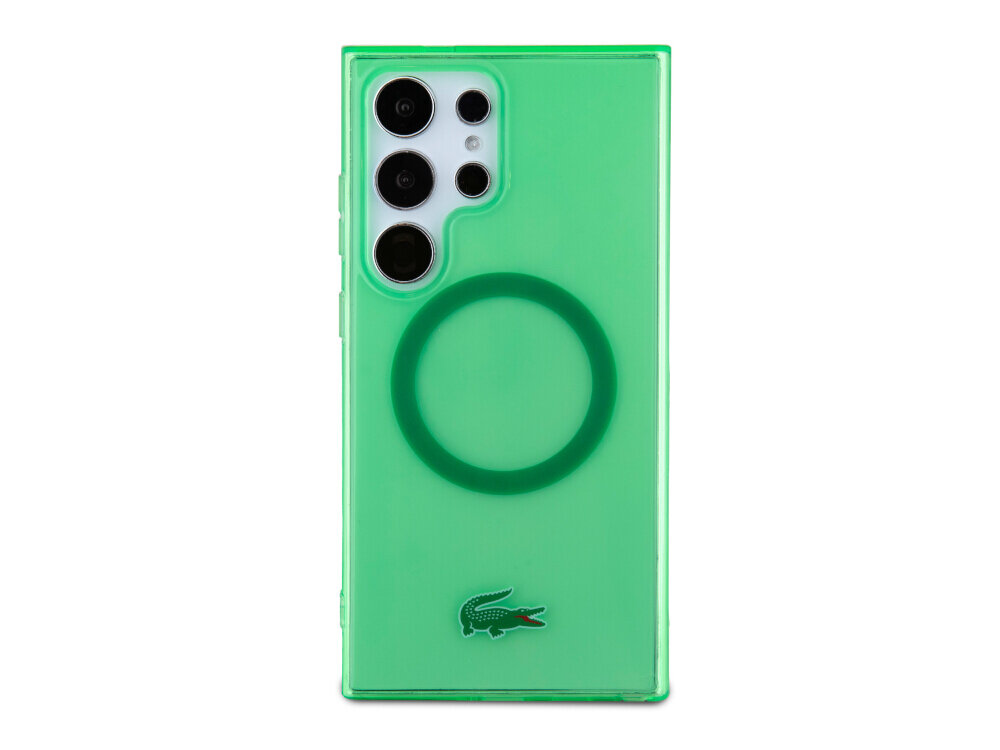 Etui LACOSTE Transparent MagSafe do Samsug Galaxy S24 Ultra Zielony, przeźroczyste, zarysowania, upadki, IMD, na białym tle frontem na wprost