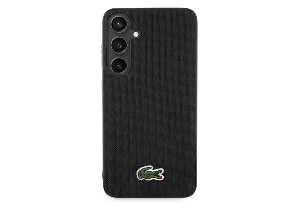 Etui LACOSTE Iconic Petit Pique MagSafe do Samsung Galaxy S24+ Czarny, bezpieczne, konstrukcja, ochrona, odporność, na białym tle frontem na wprost