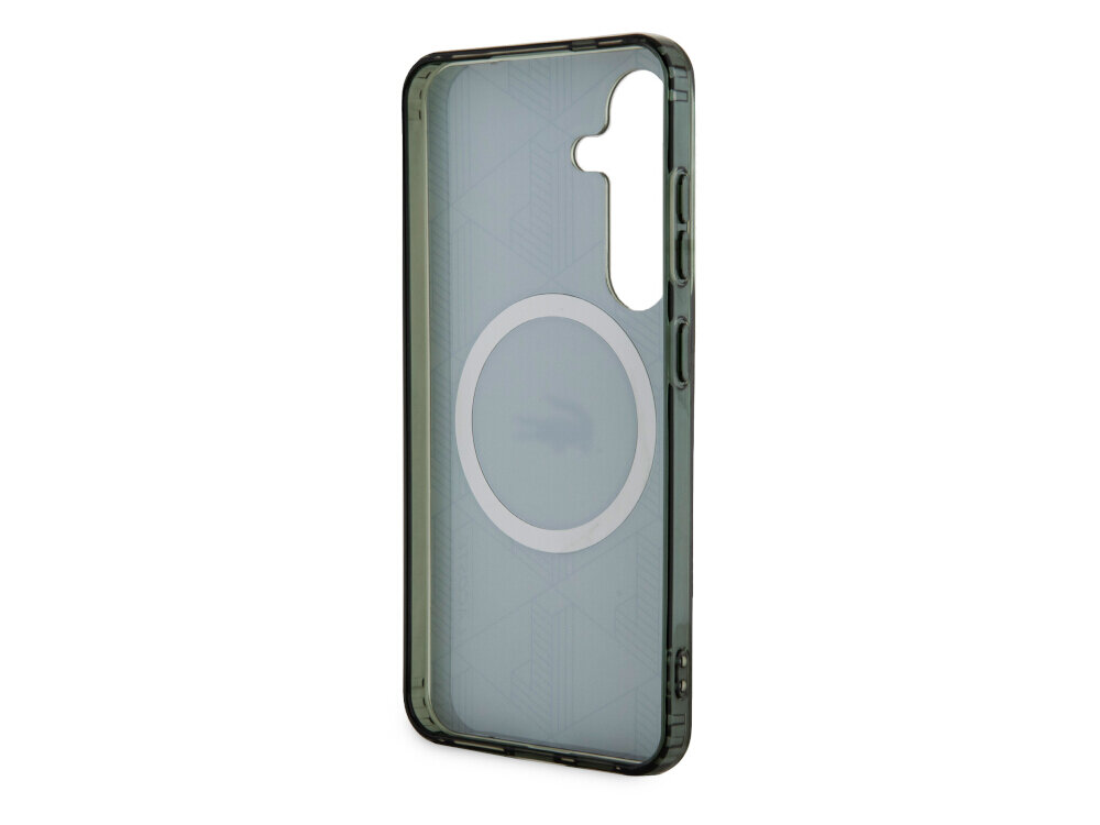 Etui LACOSTE Lacoste IML Blend Monogram MagSafe do Samsung Galaxy S24  Khaki, ładowanie, autentyczność, pierścień, monogram, na białym tle etui frontem prawo skos