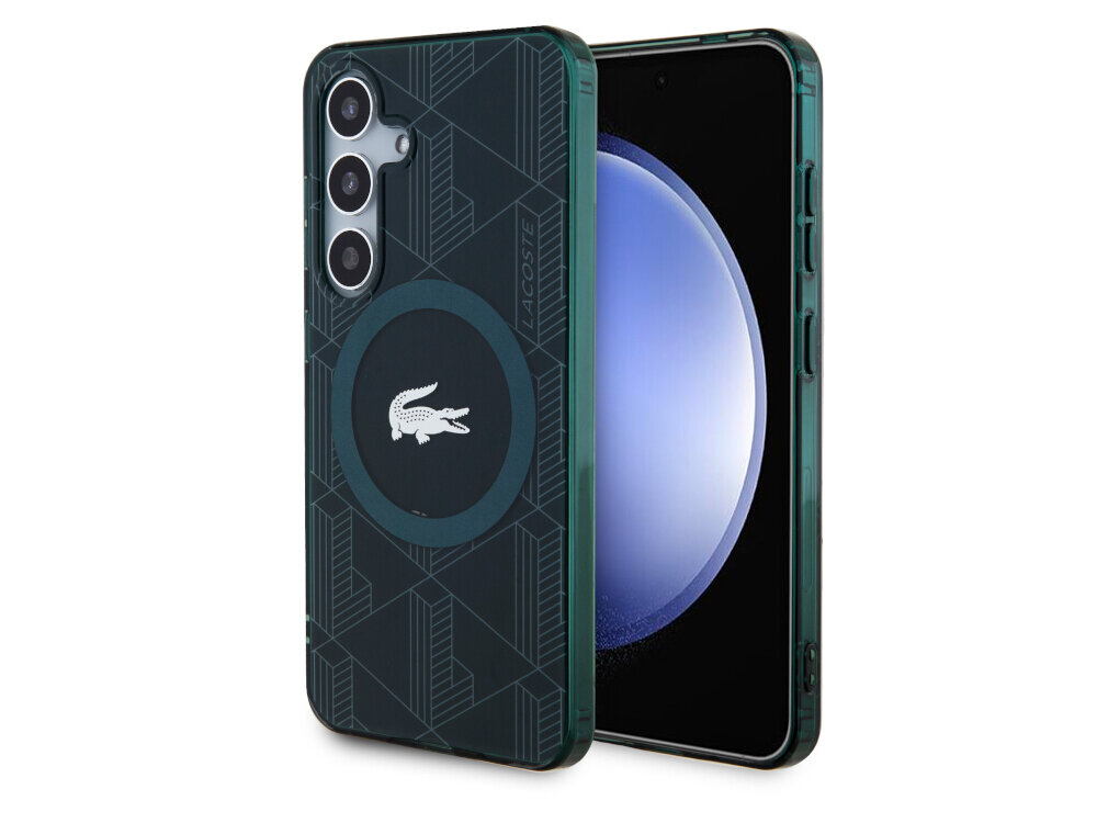 Etui LACOSTE Lacoste IML Blend Monogram MagSafe do Samsung Galaxy S24 Zielony, ochrona, odporność, bezpieczeństwo, smartfon, na białym tle etui frontem prawo skos w 2 odsłonach