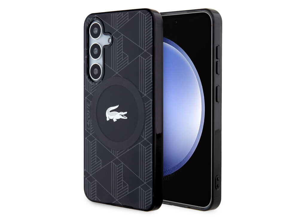 Etui LACOSTE Lacoste IML Blend Monogram MagSafe do Samsung Galaxy S24 Czarny, ochrona, odporność, bezpieczeństwo, smartfon, na białym tle etui frontem prawo skos w 2 odsłonach
