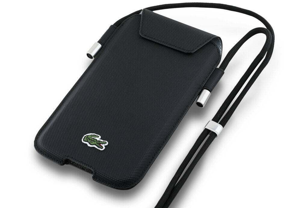 Etui LACOSTE Universal Phone Sleeve Crossbody Petit Pique Czarny, ochrona, odporność, bezpieczeństwo, trwałość, na białym tle etui frontem prawo skos w 2 odsłonach