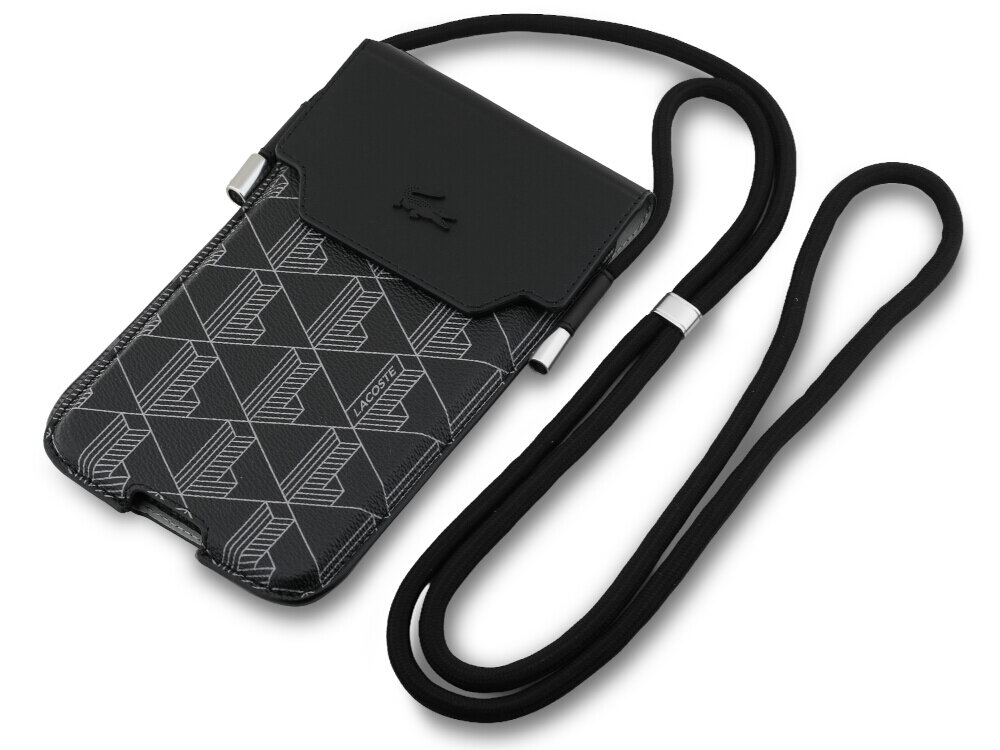Etui LACOSTE Universal Sleeve Crossbody The Blend XL Czarny, ochrona, styl, schowek, etui, na białym tle etui frontem prawo skos w 2 odsłonach