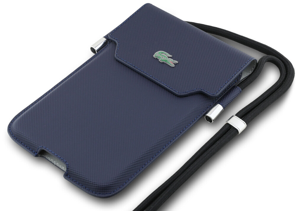 Etui LACOSTE Universal Sleeve Crossbody The Blend XL Granatowy, ochrona, styl, schowek, etui, na białym tle etui frontem prawo skos w 2 odsłonach