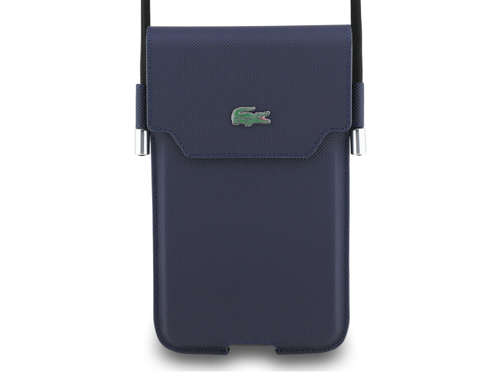 Etui LACOSTE Universal Sleeve Crossbody The Blend XL Granatowy, magnetyczna, zamknięcie, klapka, otwór, na białym tle frontem na wprost