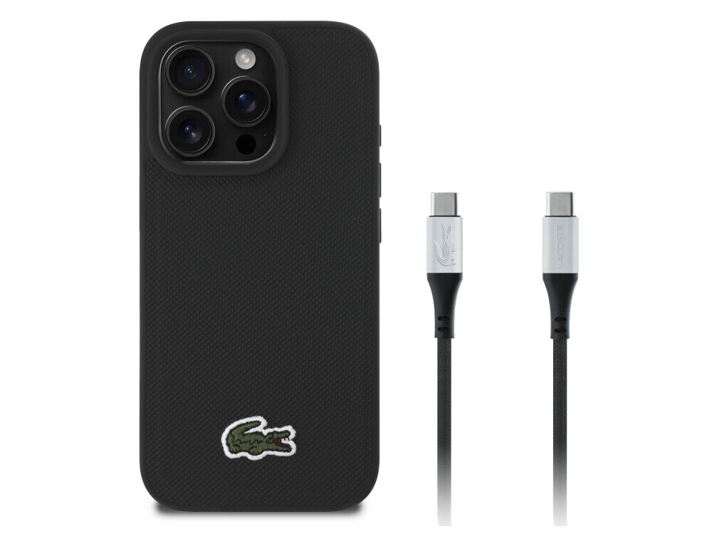 Etui LACOSTE Iconic Petite Pique Woven MagSafe do Apple 16 Pro Max + kabel USB-C - USB-C Czarny Czarne etui Lacoste Iconic Petit Pique Woven MagSafe TPU PC logo krokodyl