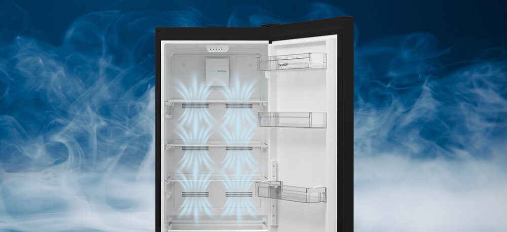LODÓWKA SHARP SJ-FBA05DTXBE-EU Łagodna dystrybucja powietrza ochrona żywności przesuszenie przymrożenie