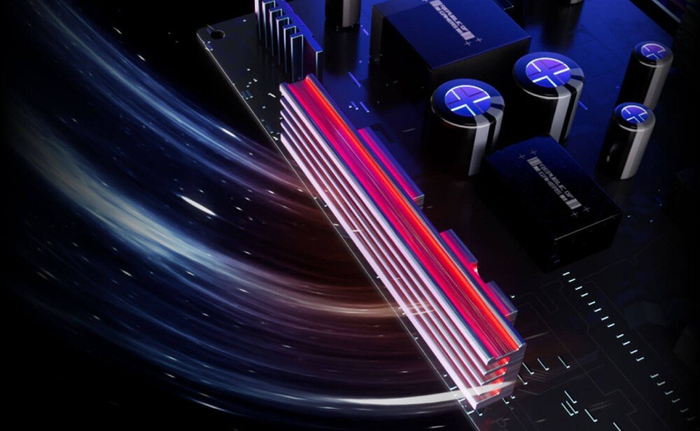 Monitor ASUS ROG Strix XG27AQDMG Zbliżenie na płytę główną z podświetlonymi elementami i rozbłyskami światła w ruchu, przedstawiające komponenty elektroniczne, chłodzenie, radiator