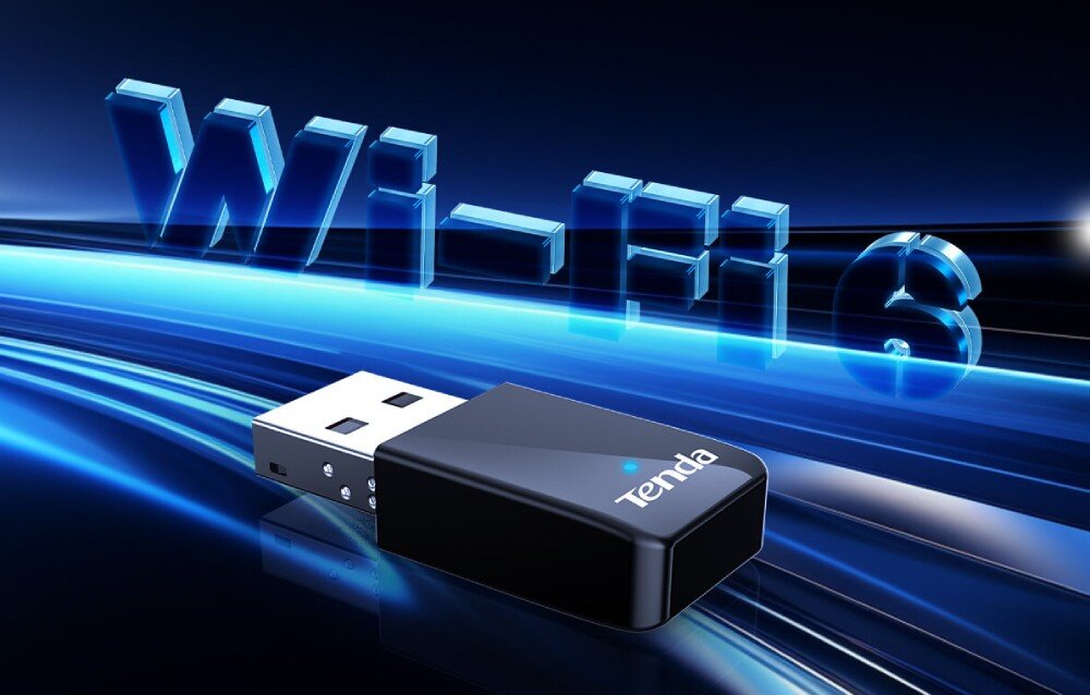 Karta sieciowa TENDA U11 Obraz przedstawia adapter USB typu nano marki Tenda na tle dynamicznej, niebieskiej grafiki z dużym napisem „Wi-Fi 6”, opis