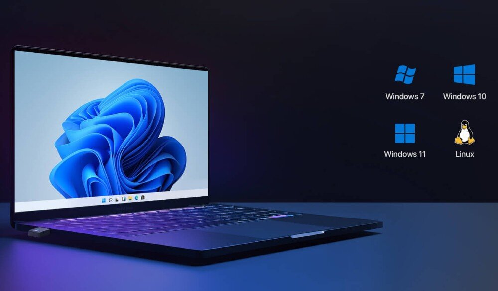 Karta sieciowa TENDA U11 Obraz przedstawia laptop z systemem Windows 11 i podłączonym adapterem USB. Po prawej stronie znajdują się logotypy czterech systemów operacyjnych: Windows 7, Windows 10, Windows 11 oraz Linux, kompatybilność, systemy
