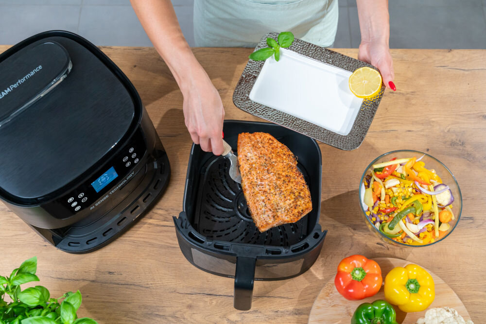 Frytkownica beztłuszczowa GÖTZE & JENSEN AF850T AI Air Fryer automatycznie rozpoznaje potrawę Inteligentny system AI kamera dostosowanie ustawienia 12 programów manualne ustawienia temperatura czas frytki stek ziemniaczki możliwości rezultaty