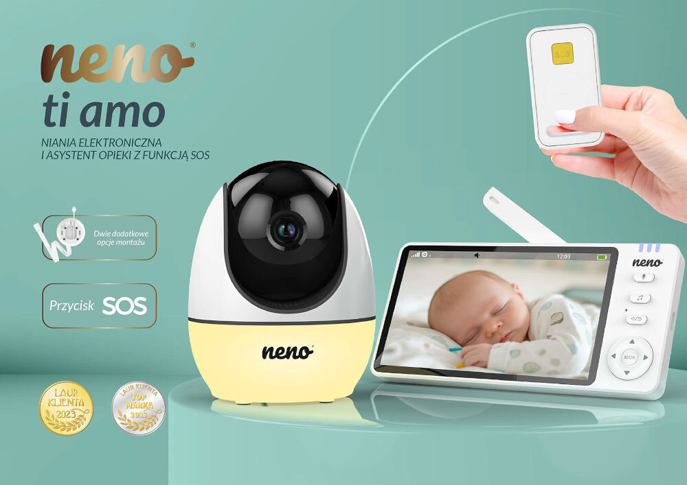 Obraz przedstawia elektroniczną nianię NENO Ti Amo z kamerą i monitorem, na którym widać śpiące dziecko. Obok znajduje się ręka trzymająca pilot, a na obrazie widnieje tekst: \'neno ti amo NIANIA ELEKTRONICZNA I ASYSTENT OPIEKI Z FUNKCJĄ SOS\', \'Dwie dodatkowe opcje montażu\', \'Przycisk SOS\'.